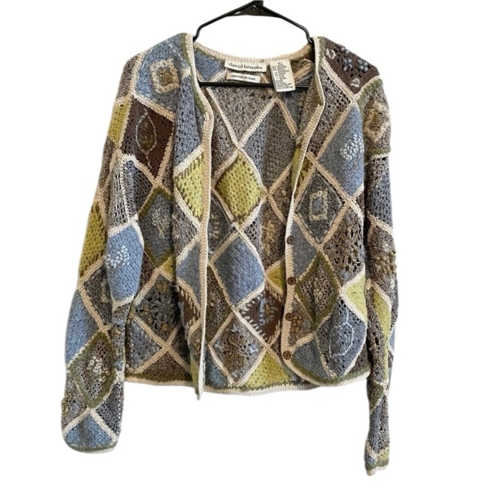 david brooks Patchwork Open-Knit Cardigan in Blue, Green, Brown, Cream